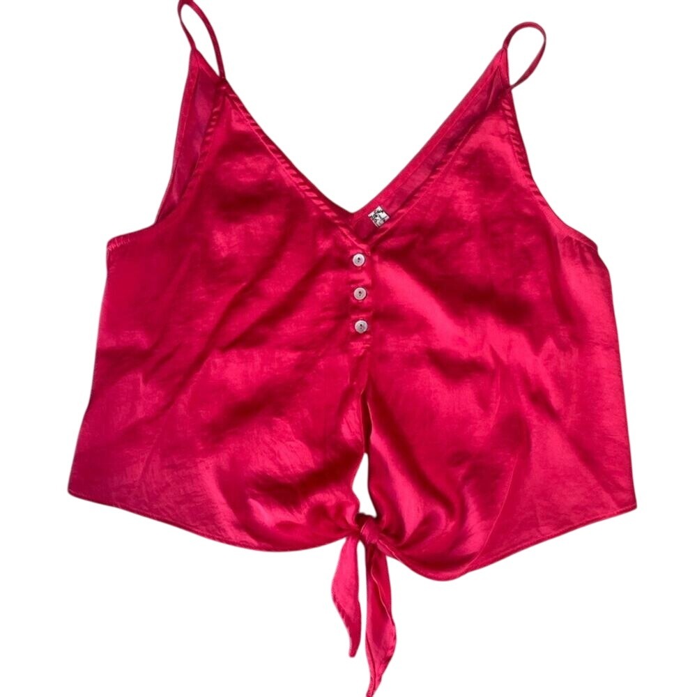 Free People Intimately Pink Satin V Neck Cami Tie Front Crop Top Size S